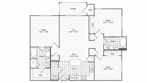 Floor plan for 3 beds, 2 baths, 1322 sqft